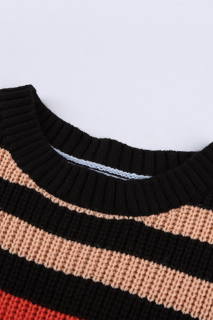 Women's Black Striped O Neck Drop Shoulder Sweater