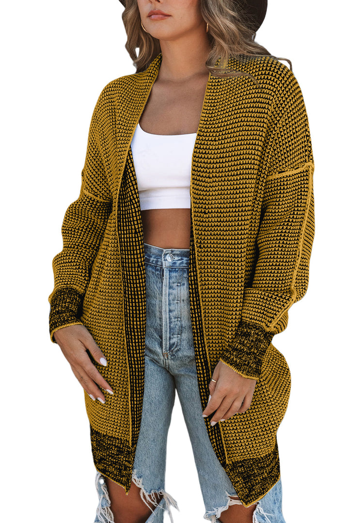 Yellow Plaid Knitted Long Open Front Cardigan