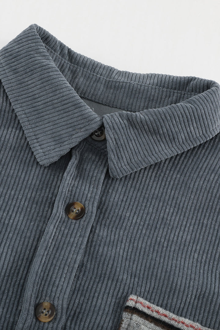 Gray  Aztec Pattern Sleeve Pocketed Corduroy Shacket