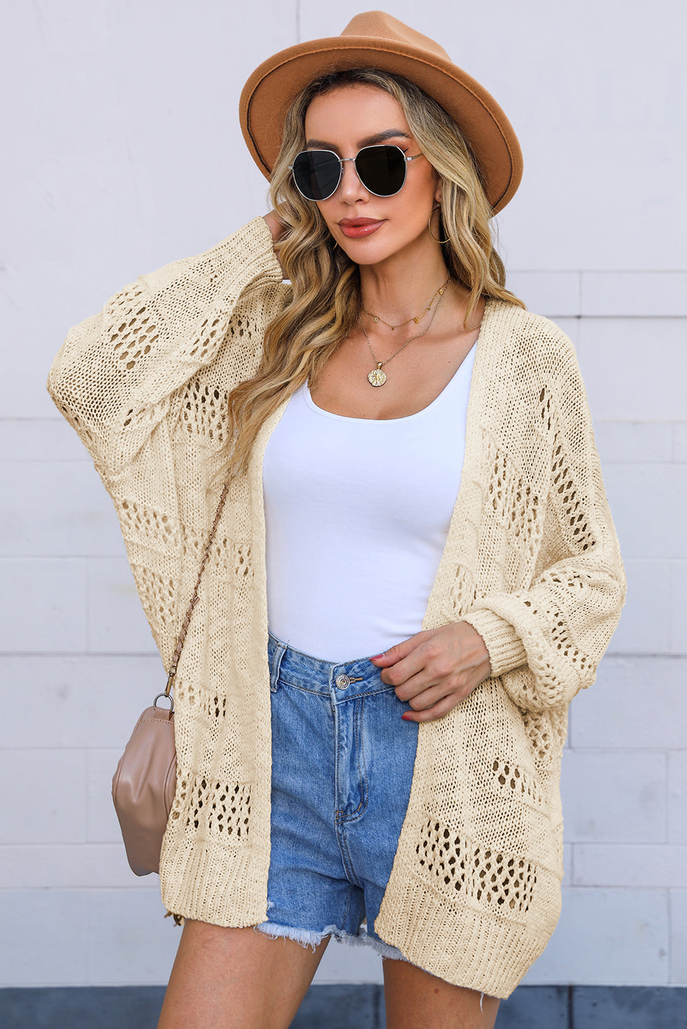 Apricot Casual Hollowed Knit Dolman Sleeve Cardigan