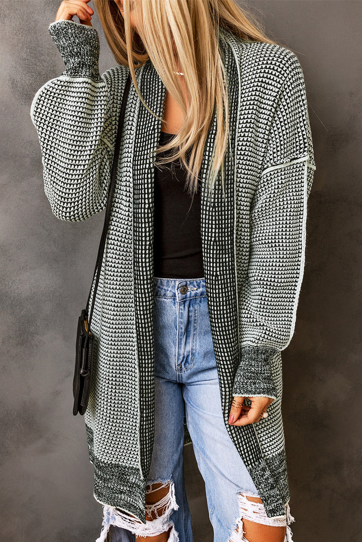 Gray Plaid Knitted Long Open Front Cardigan