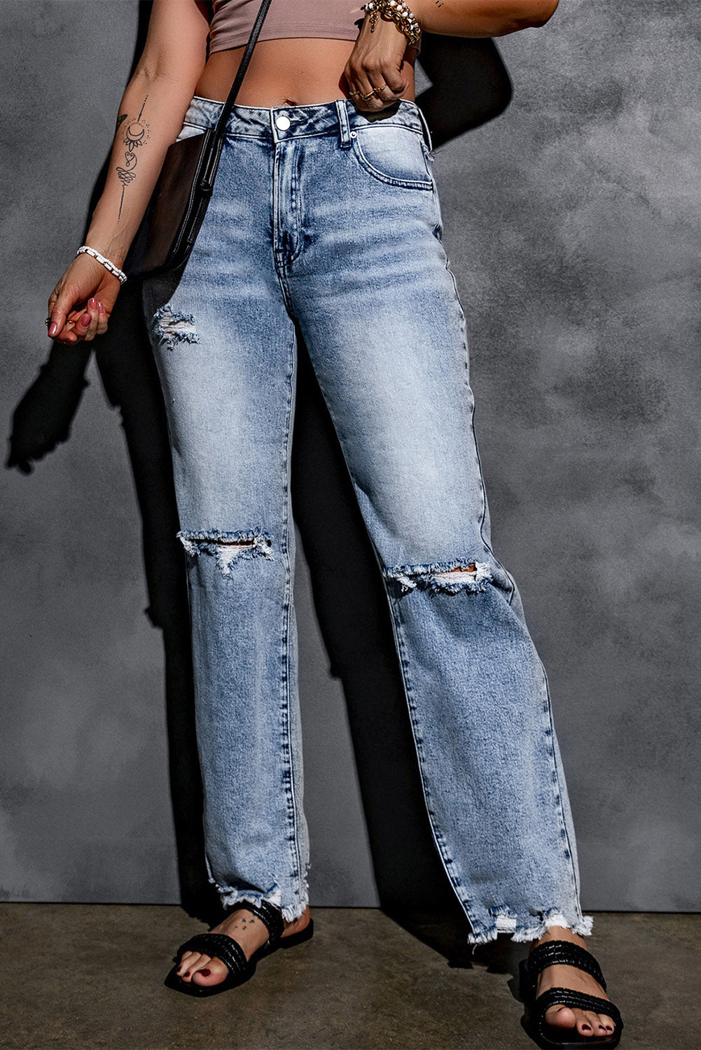 Sky Blue Washed Ripped Wide Leg High Waist Jeans