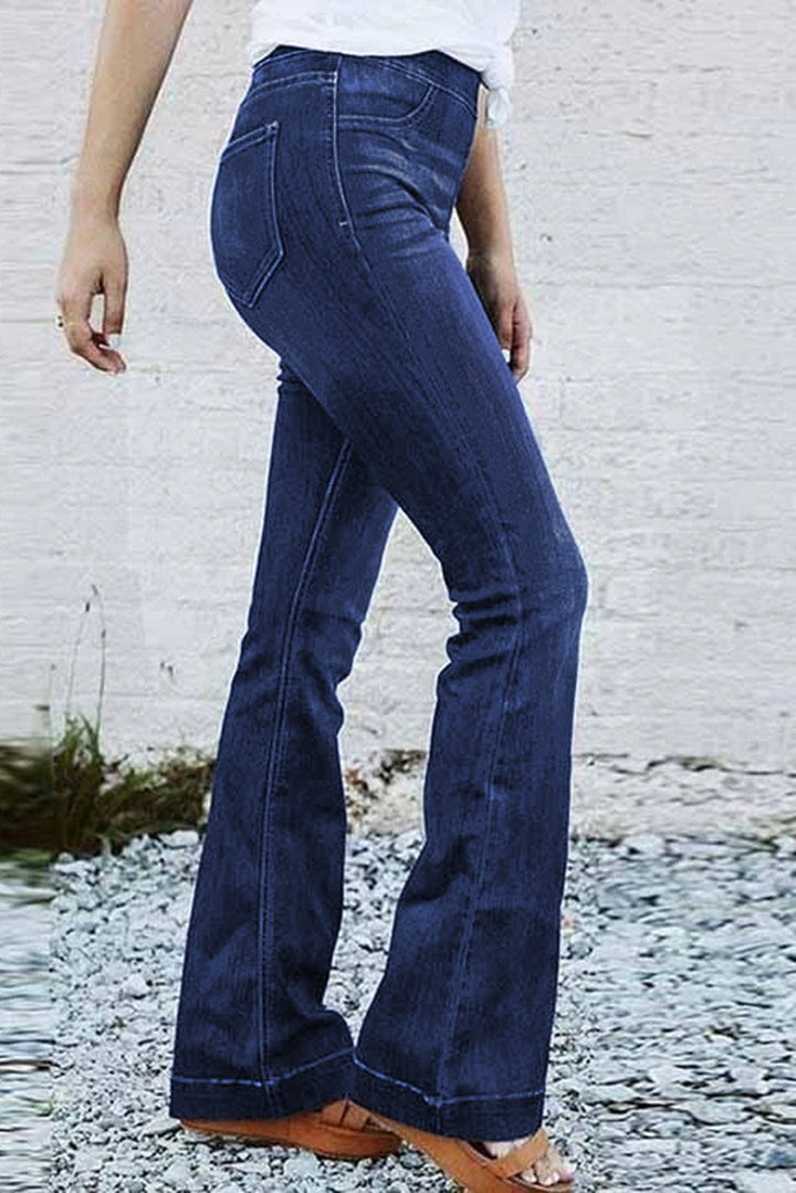 Fashion Women Blue High Rise Elastic Waist Flare Jeans