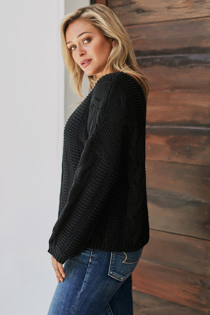 Winter Black Bubblegum V-Neck Braided Knit Sweater