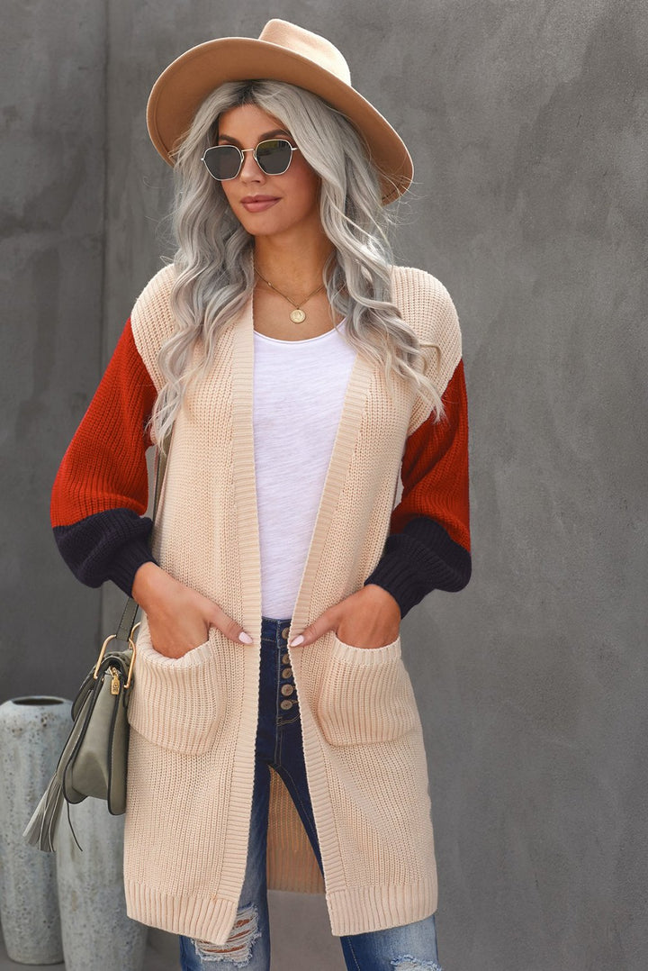 Women's Aprciot Cotton-blend Pocketed Colorblock Cardigan
