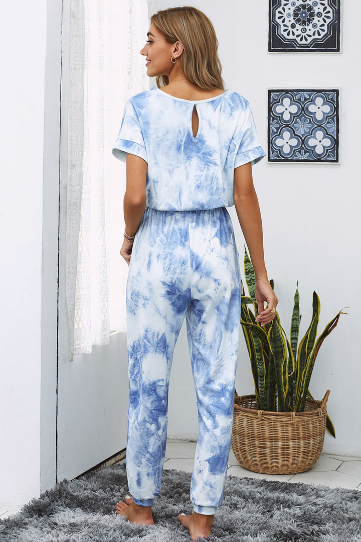 Casual Pocketed Blue Tie-dye Knit Short Sleeve Jumpsuit