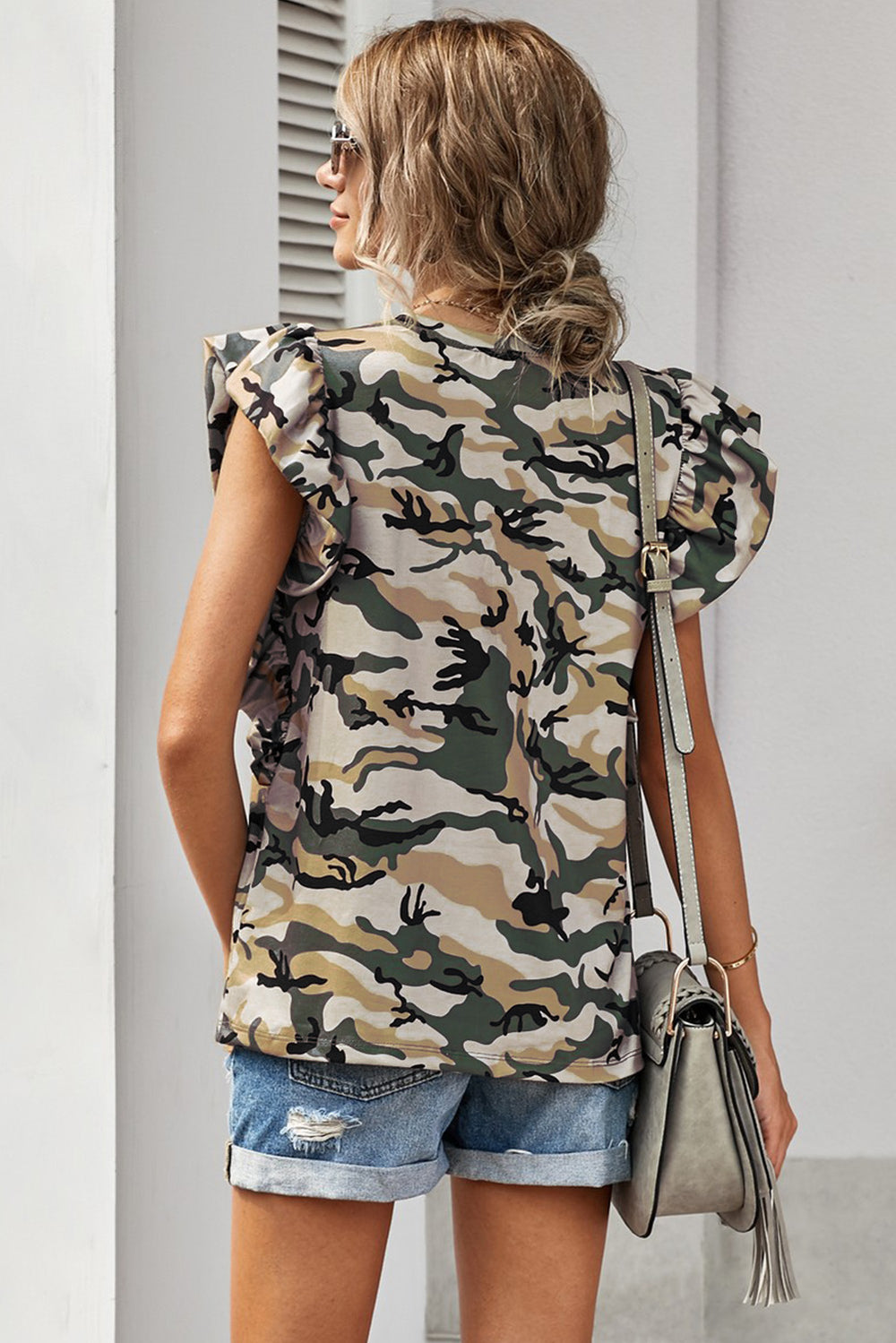Green Camouflage Print Ruffled Cap Sleeve T-shirt For Women