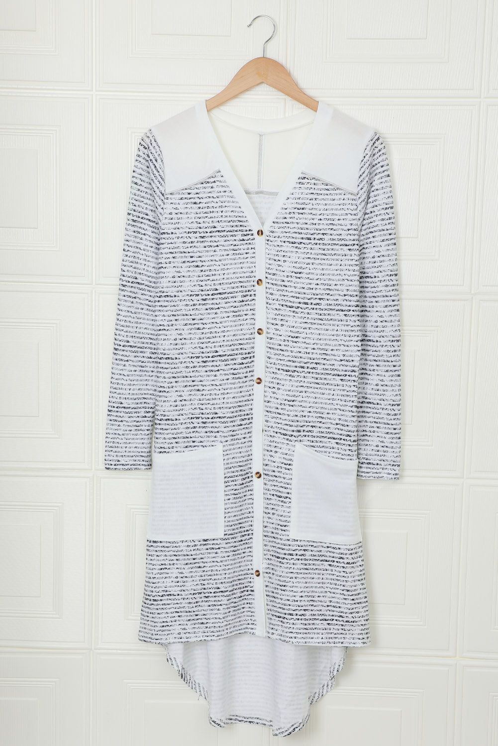White Solid Patchwork Long Striped Cardigan with Pockets