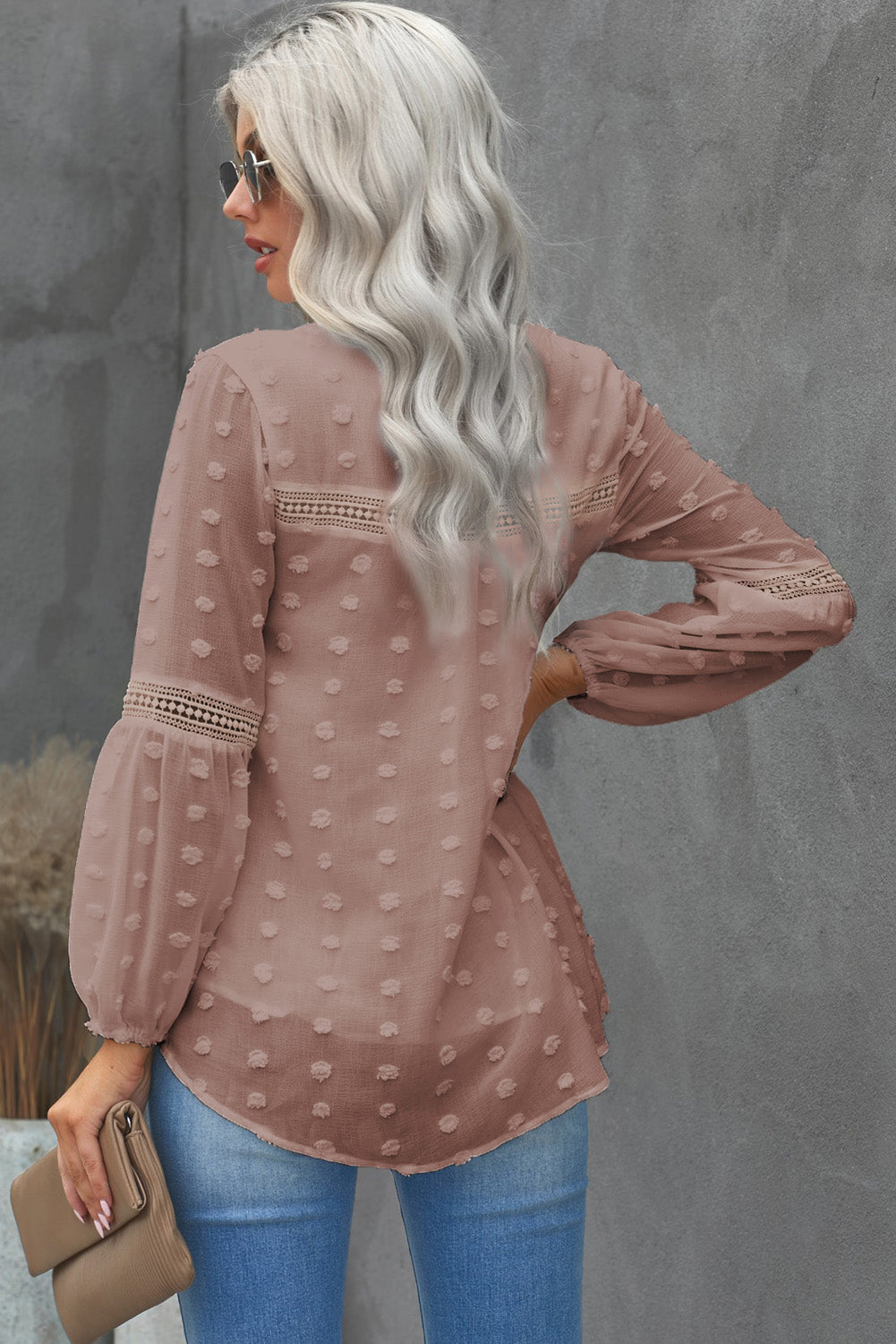 Chic Pink Ruffled Split Neck Lace Hollow Out Puff Sleeve Polka Dot Blouse