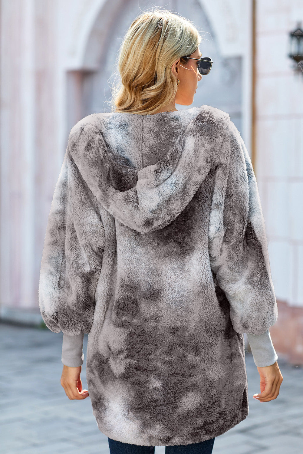Women's Gray Tie Dye Soft Fleece Hooded Open Front Coat