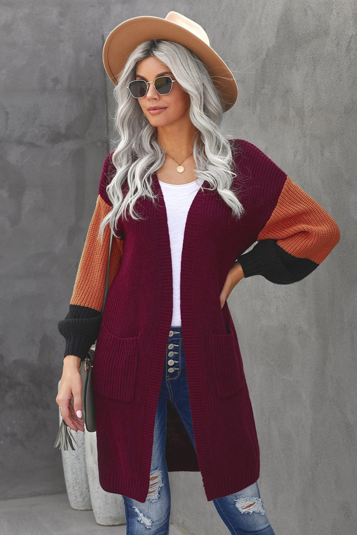 Women's Red Cotton-blend Pocketed Colorblock Cardigan
