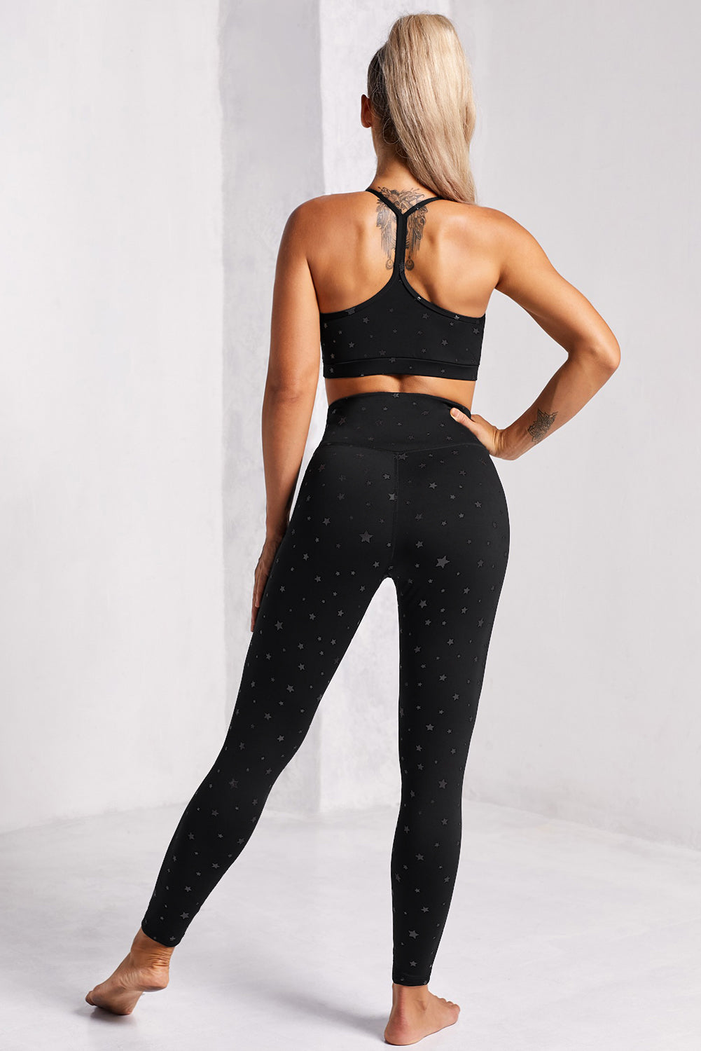 Black Star Printed Sprot Yoga Bra Leggings Set