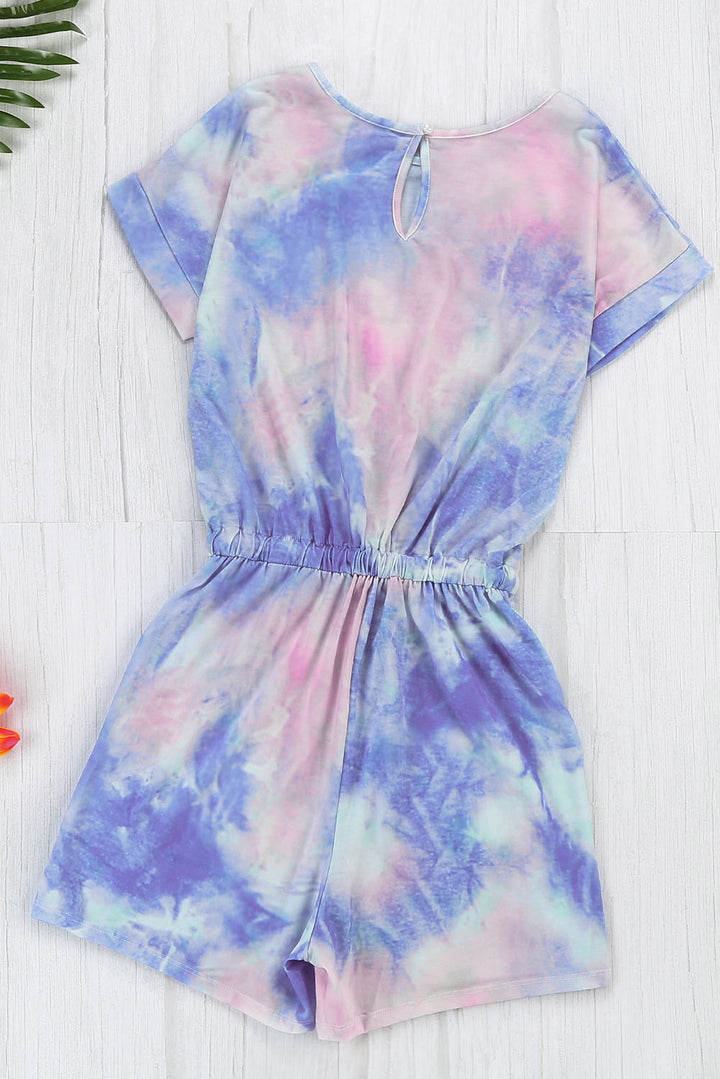 Multicolor Pocketed Tie Dye Short Sleeve Knit Romper