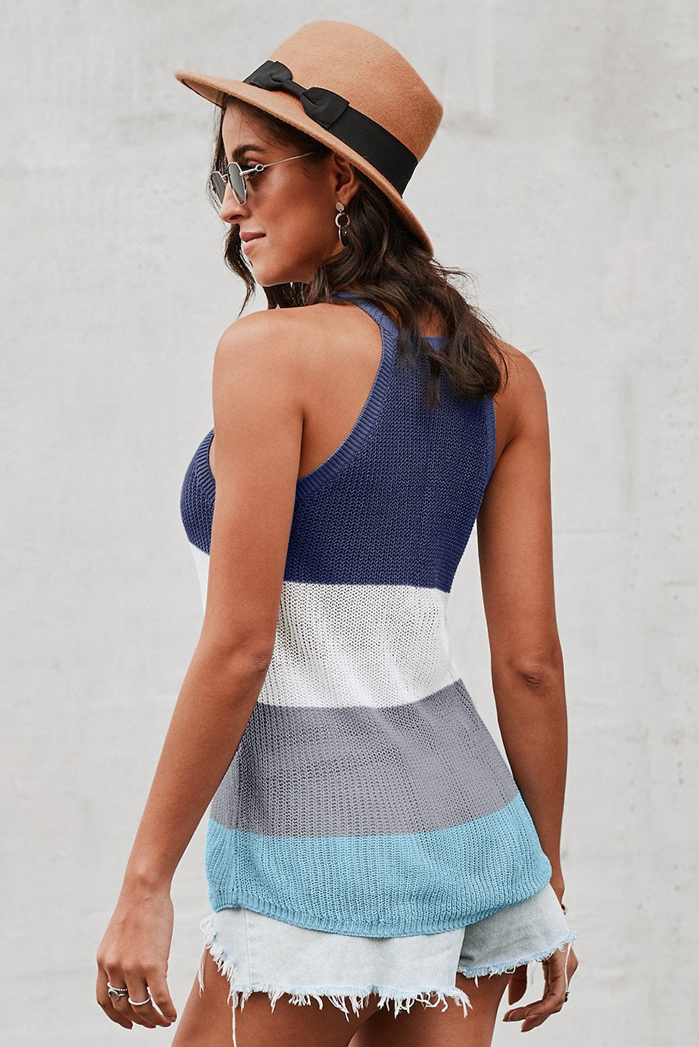 Women's Blue Color Block Striped Knit Tank Top