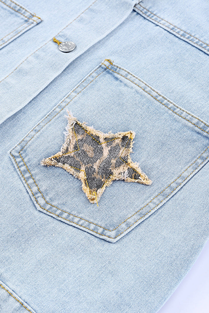 Sky Blue Leopard Star Distressed Cropped Denim Jacket