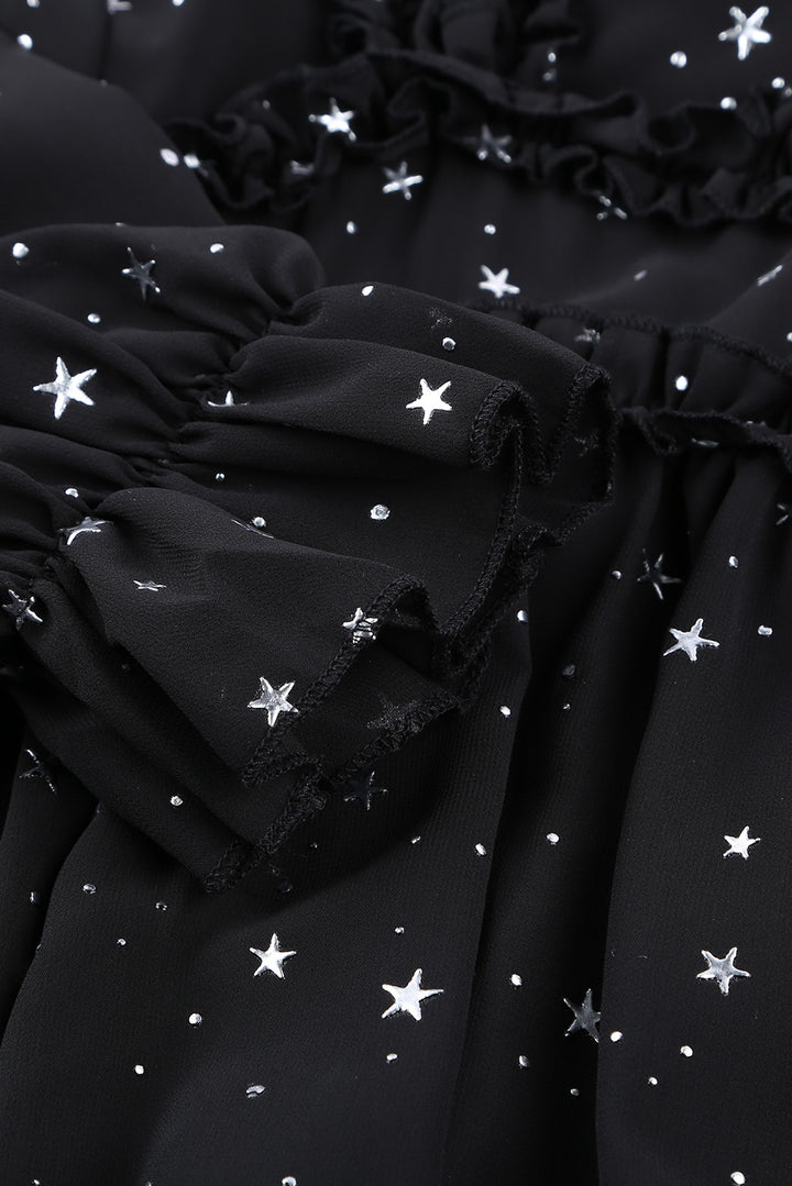 Black Glitter Stars V Neck Backless Long Sleeve Ruffle Mini Dress