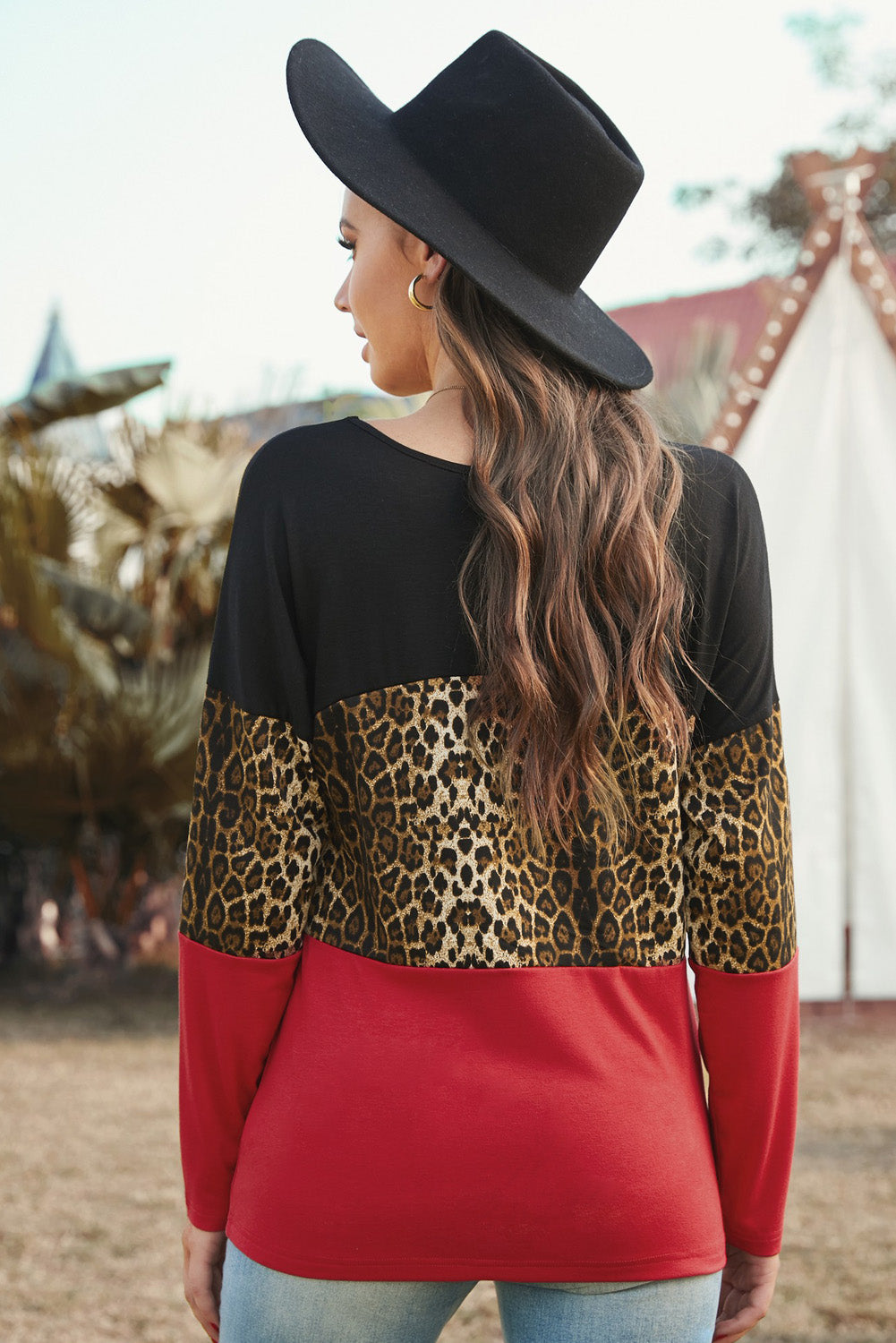Burgundy Black Colorblock Leopard Patchwork Long Sleeve Top