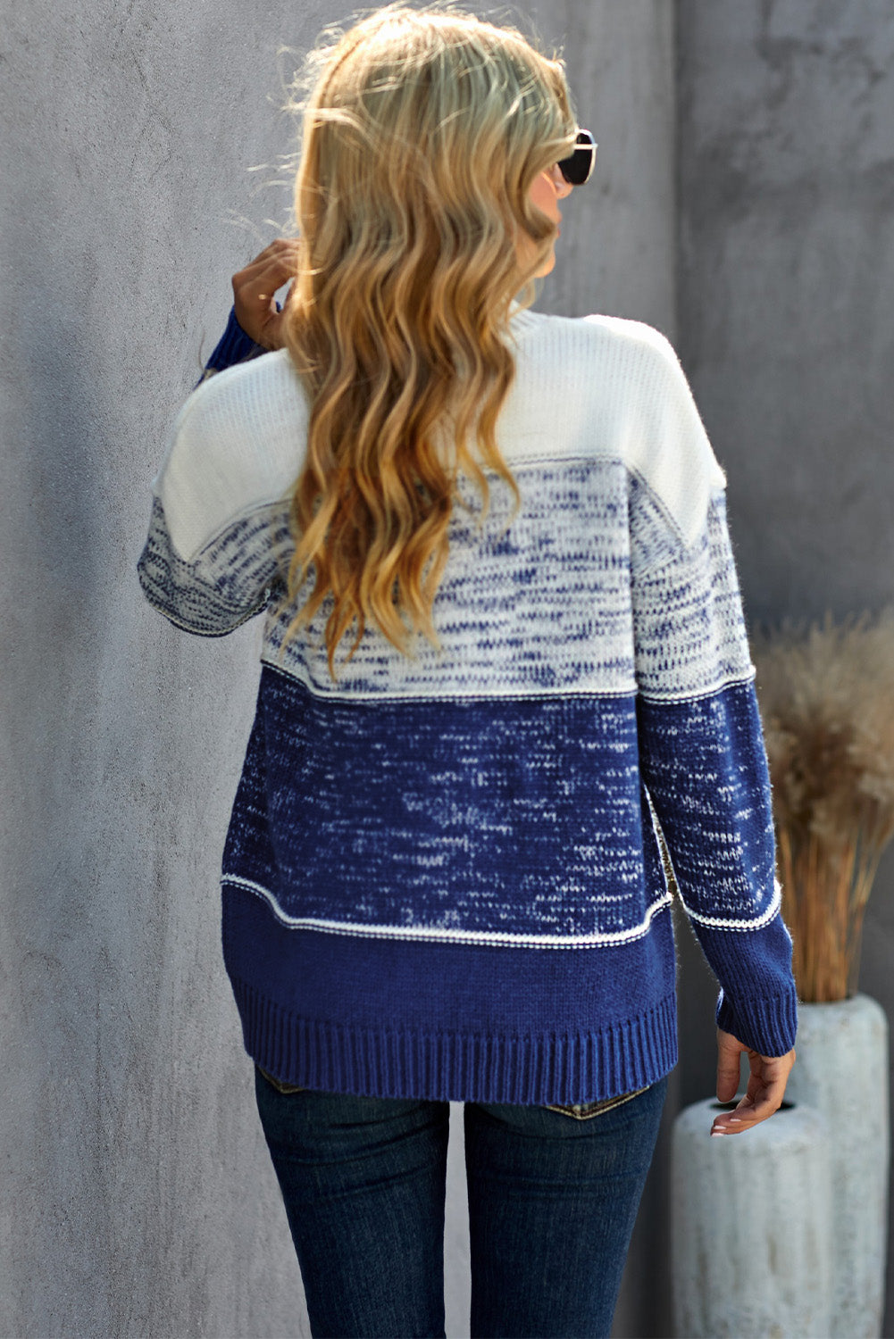 Blue Colorblock High Neck Knit Pullover Sweater