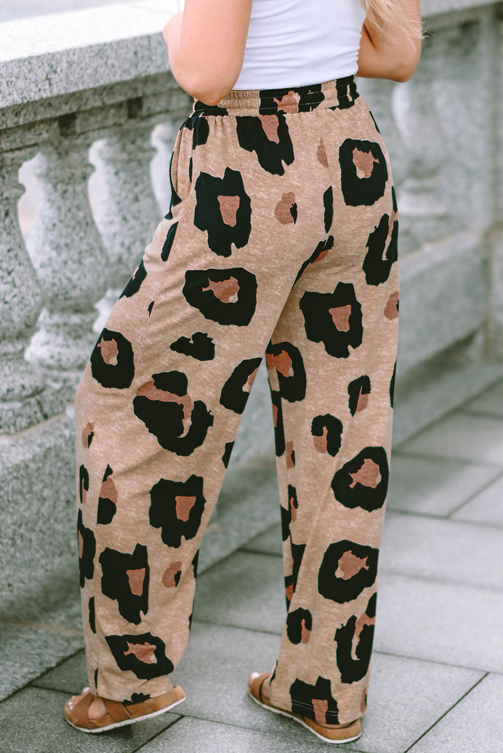 Leopard Drawstring Wide Leg Casual Pants