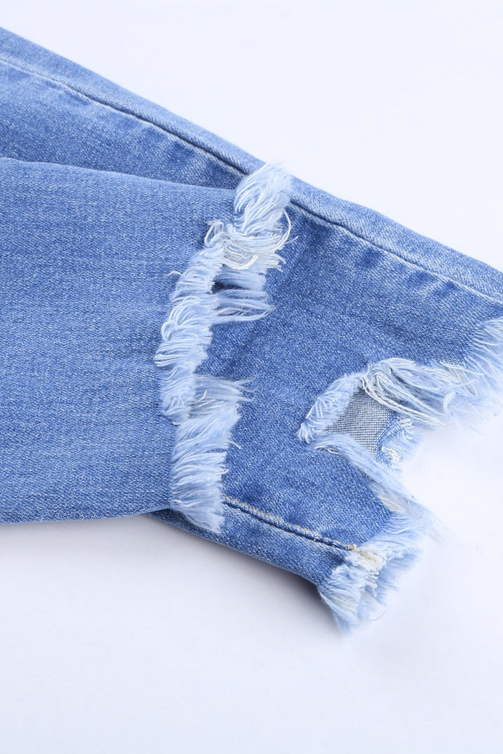 Fashion Blue High Rise Button Front Frayed Ankle Skinny Jeans