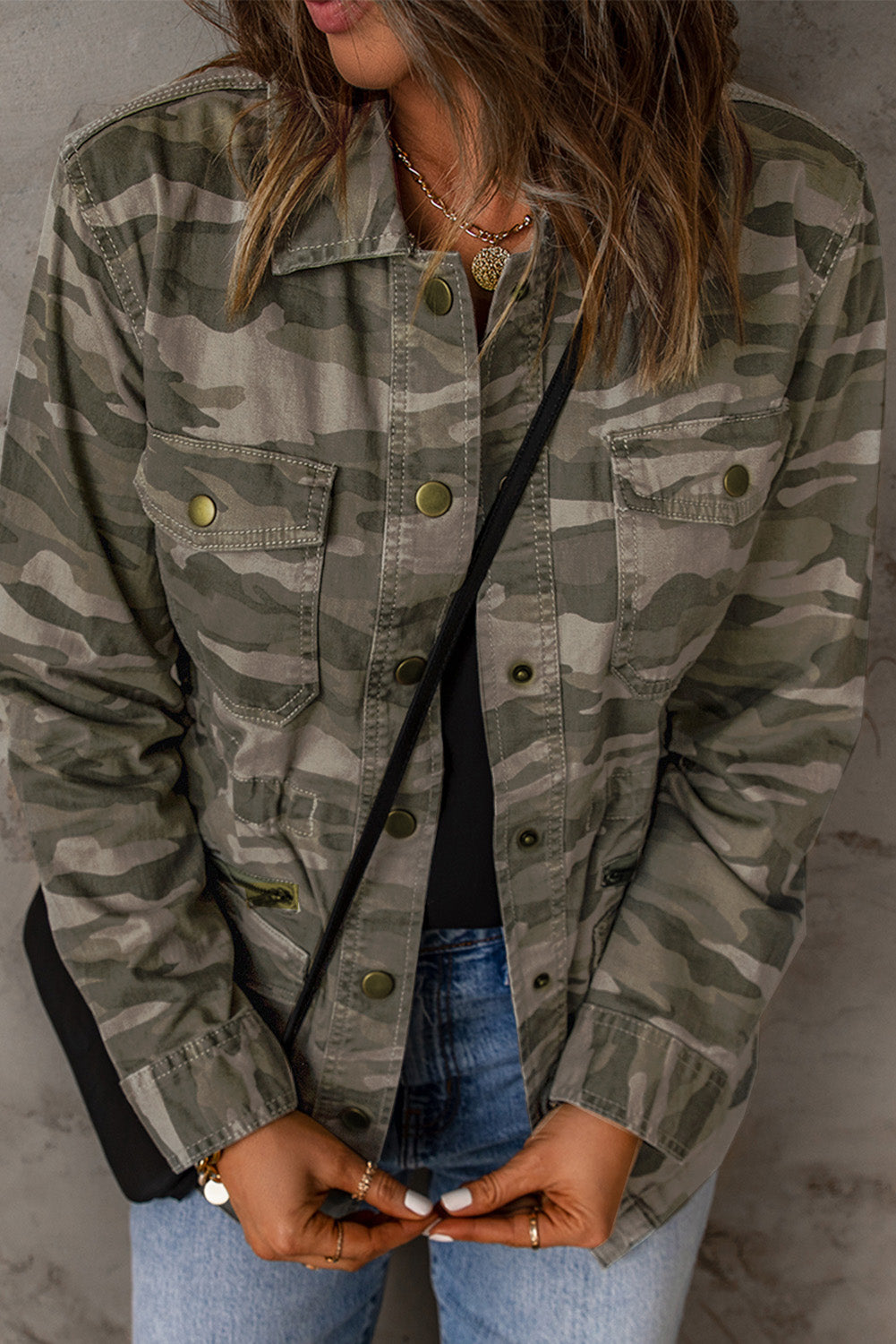 Green Camo Print Multi Pockets Button-up Jacket