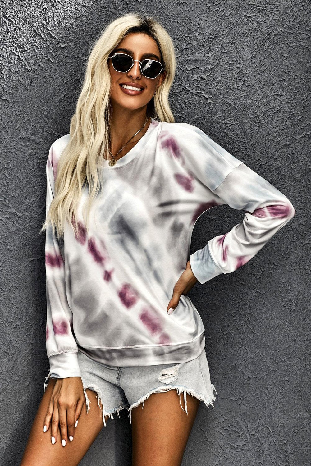 Women Gray Casual Tie-dye Round Neck Sweatshirt