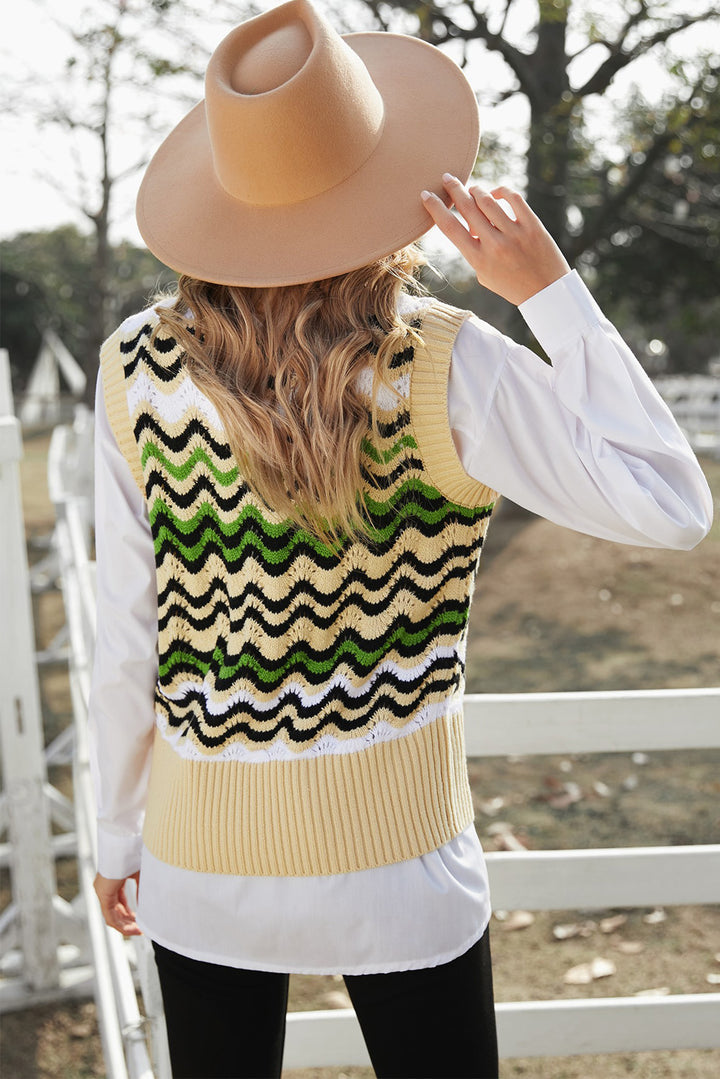 Women's Green Wavy Stripes Knit Vest Pullover Sweater