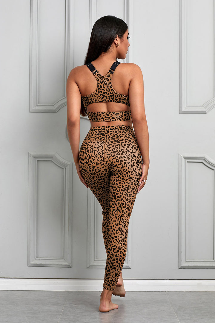 Women Brown Cheetah Print Sport Bra Pants Set