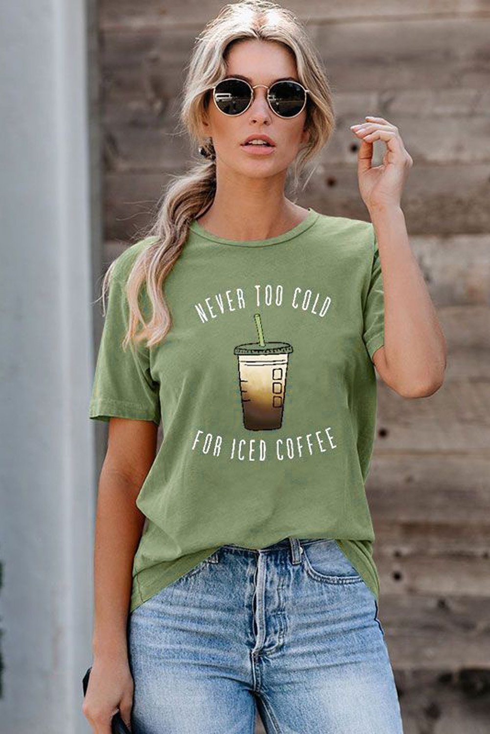 Green Short Sleeve NEVER TOO COLD FOR ICED COFFEE T-shirt