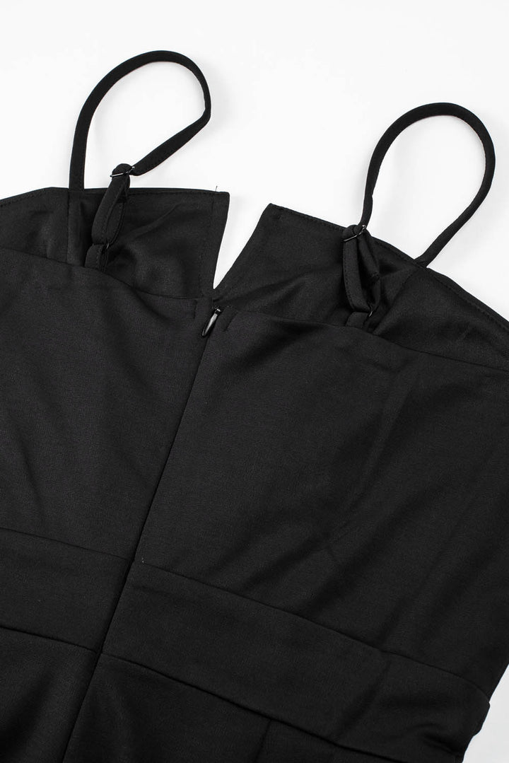Black Spaghetti Straps Slit Leg Jumpsuit with Pockets