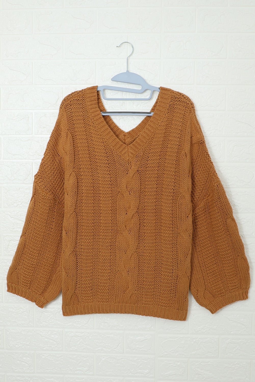 Brown Loose Bubblegum V-Neck Braided Knit Sweater