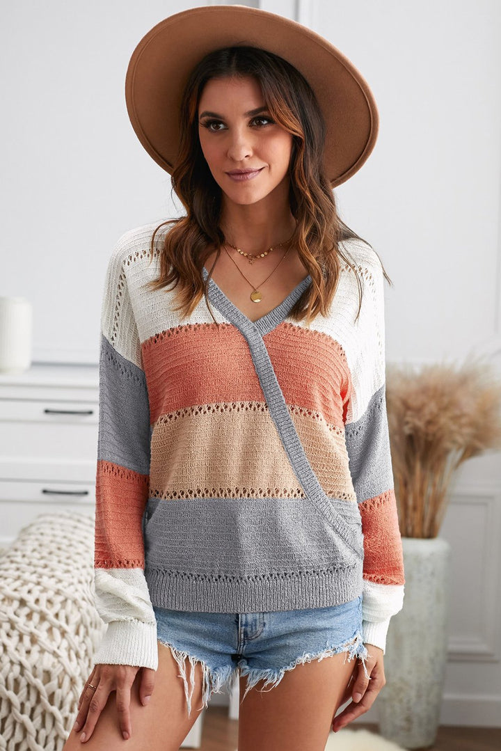Lightweight Gray Color Block Deep V Neck Wrap Sweater
