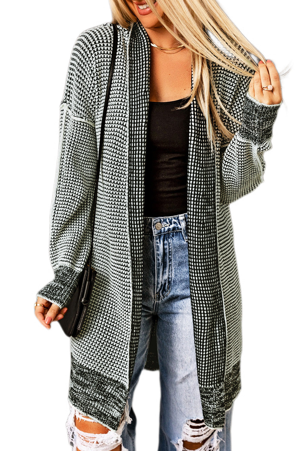 Gray Plaid Knitted Long Open Front Cardigan