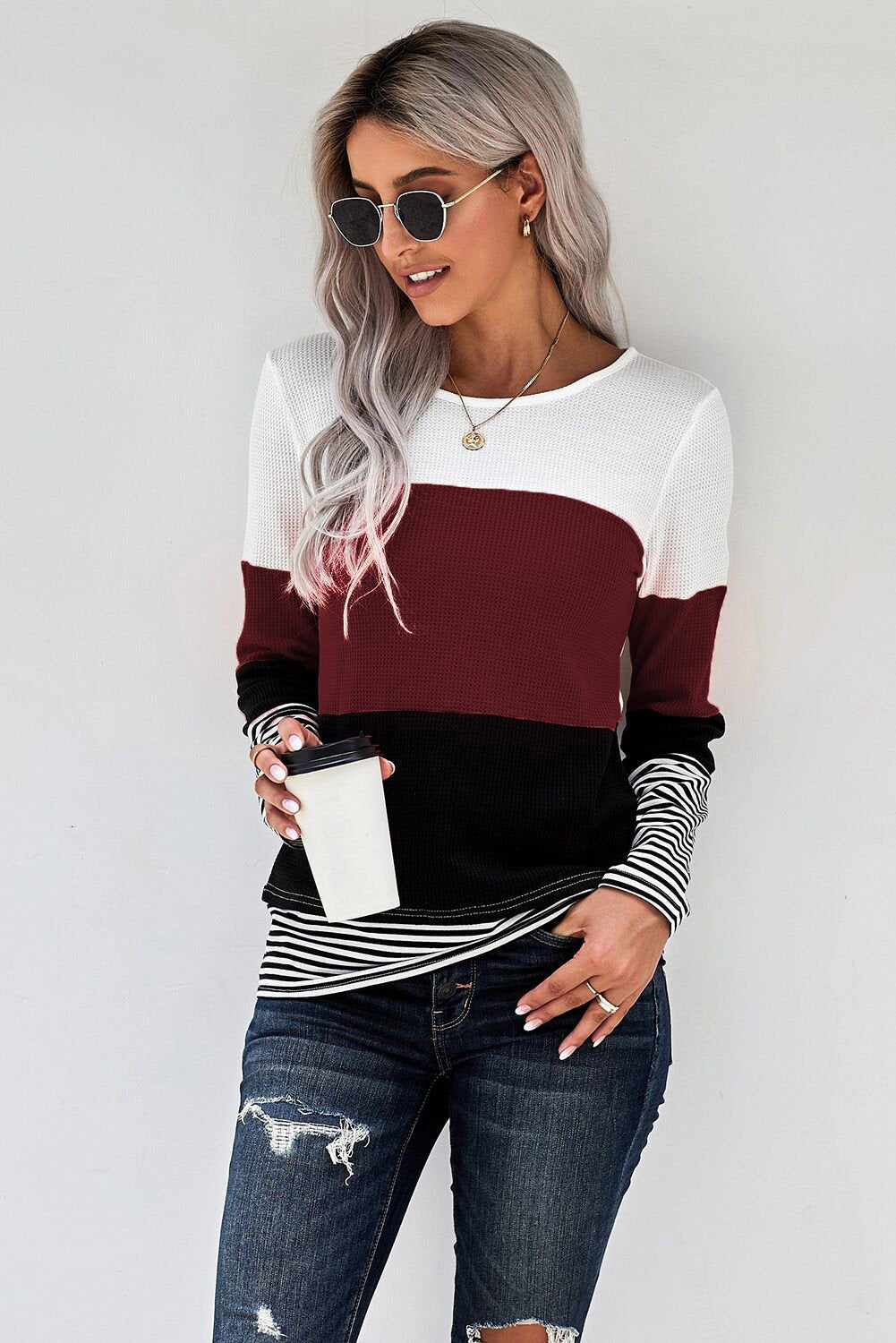 Red Stylish Colorblock Splicing Stripes Long Sleeve Top
