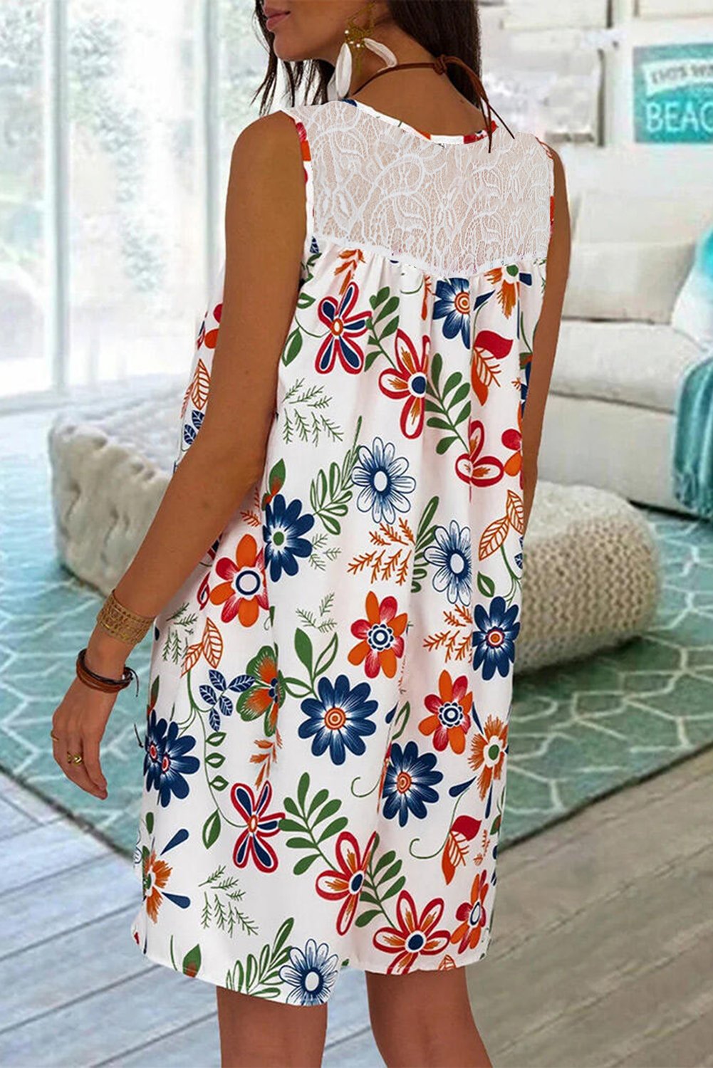 Summer White Lace Splicing Sleeveless Floral Mini Dress – ModeShe.com