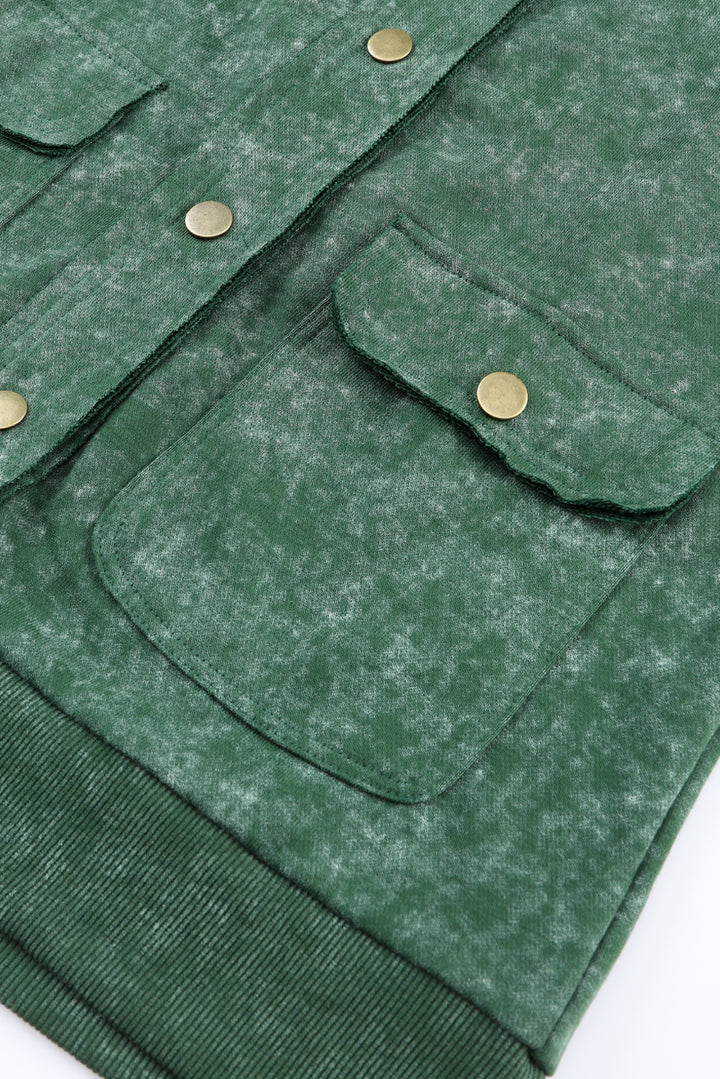 Green Vintage Washed Flap Pocket Button Shacket