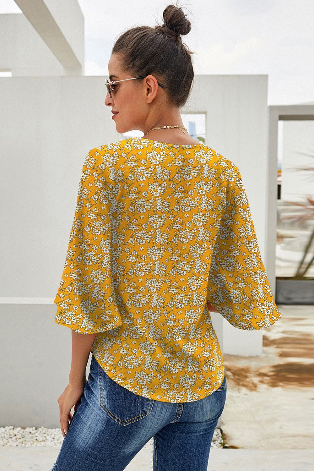 Yellow Floral Print Button Tie Blouse Top