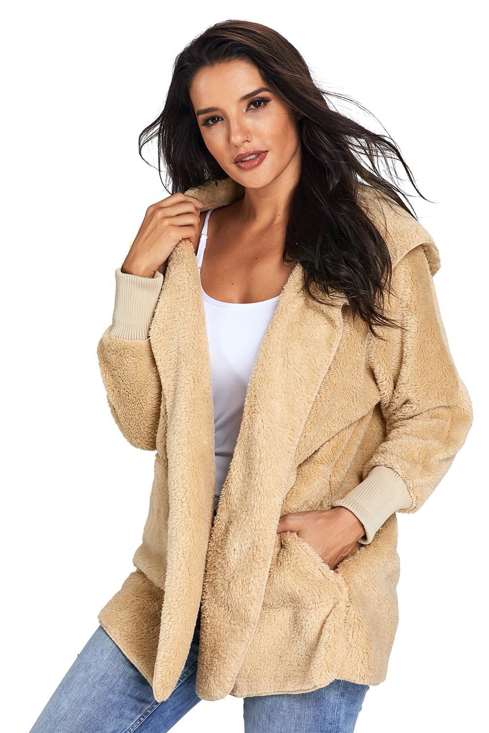 Khaki Hooded Open Front Soft Fleece Coat