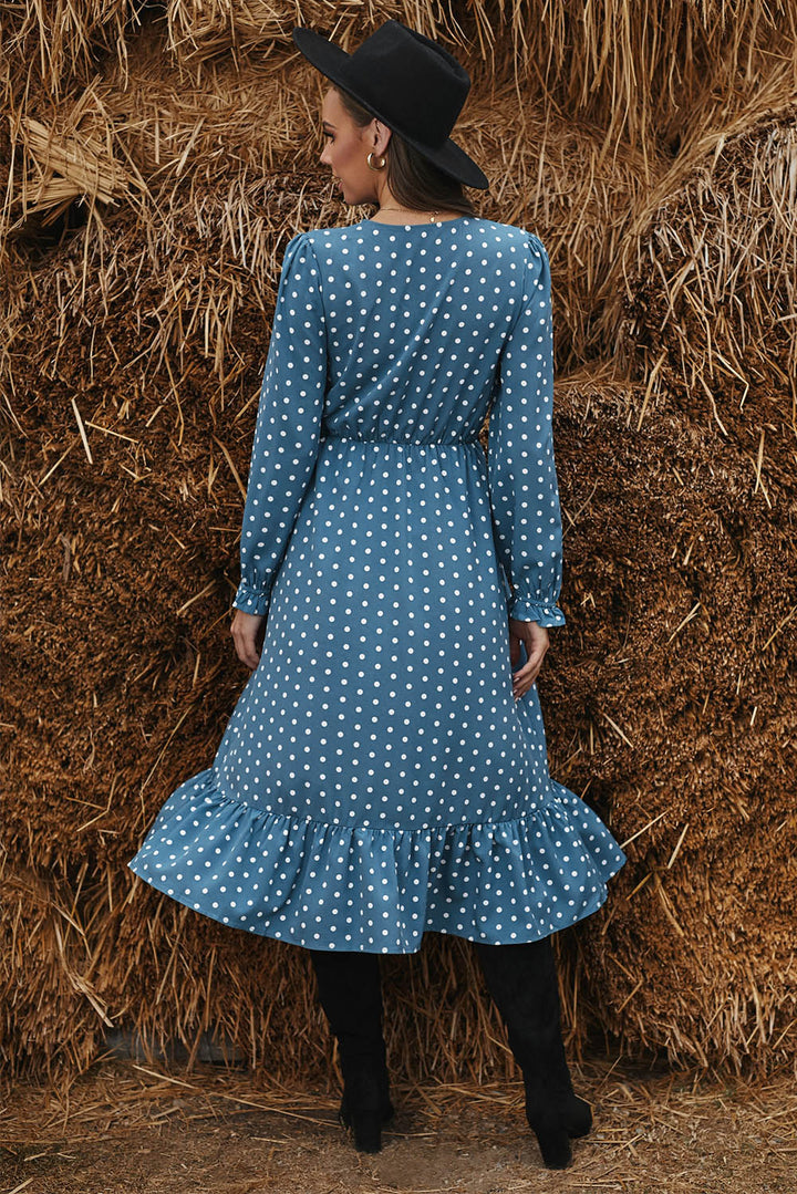 Blue Button Polka Dot High Slit Ruffled Long Sleeve Midi Dress