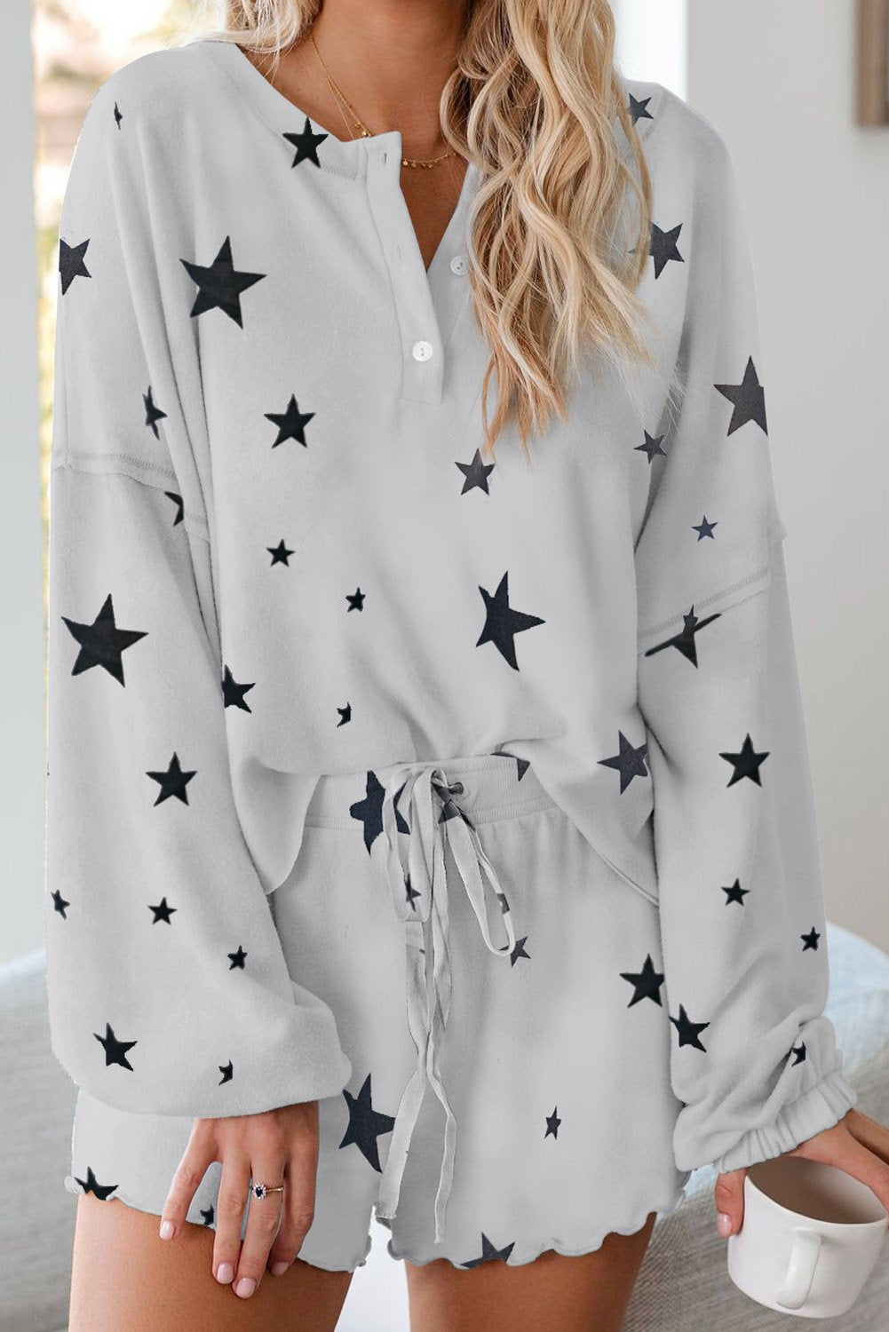 White Star Print Knit Long Sleeve Short Pajamas Set