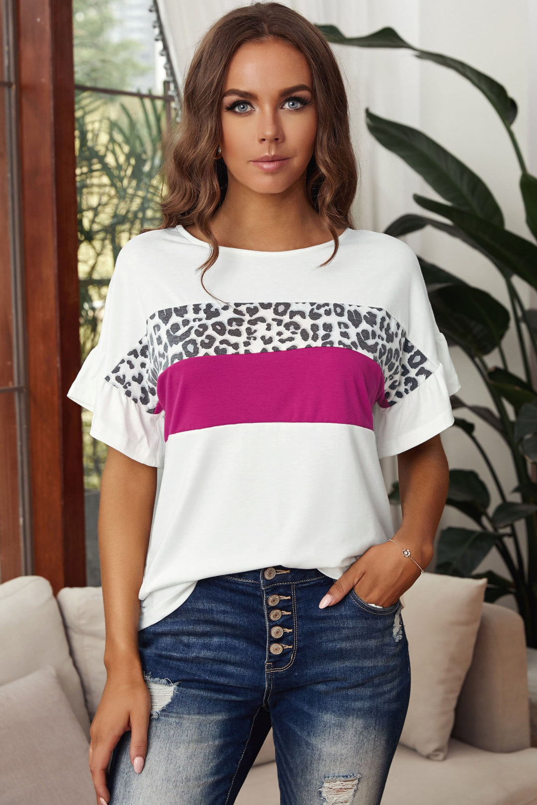 Women's Casual White Leopard Color Block Short Sleeve Tee