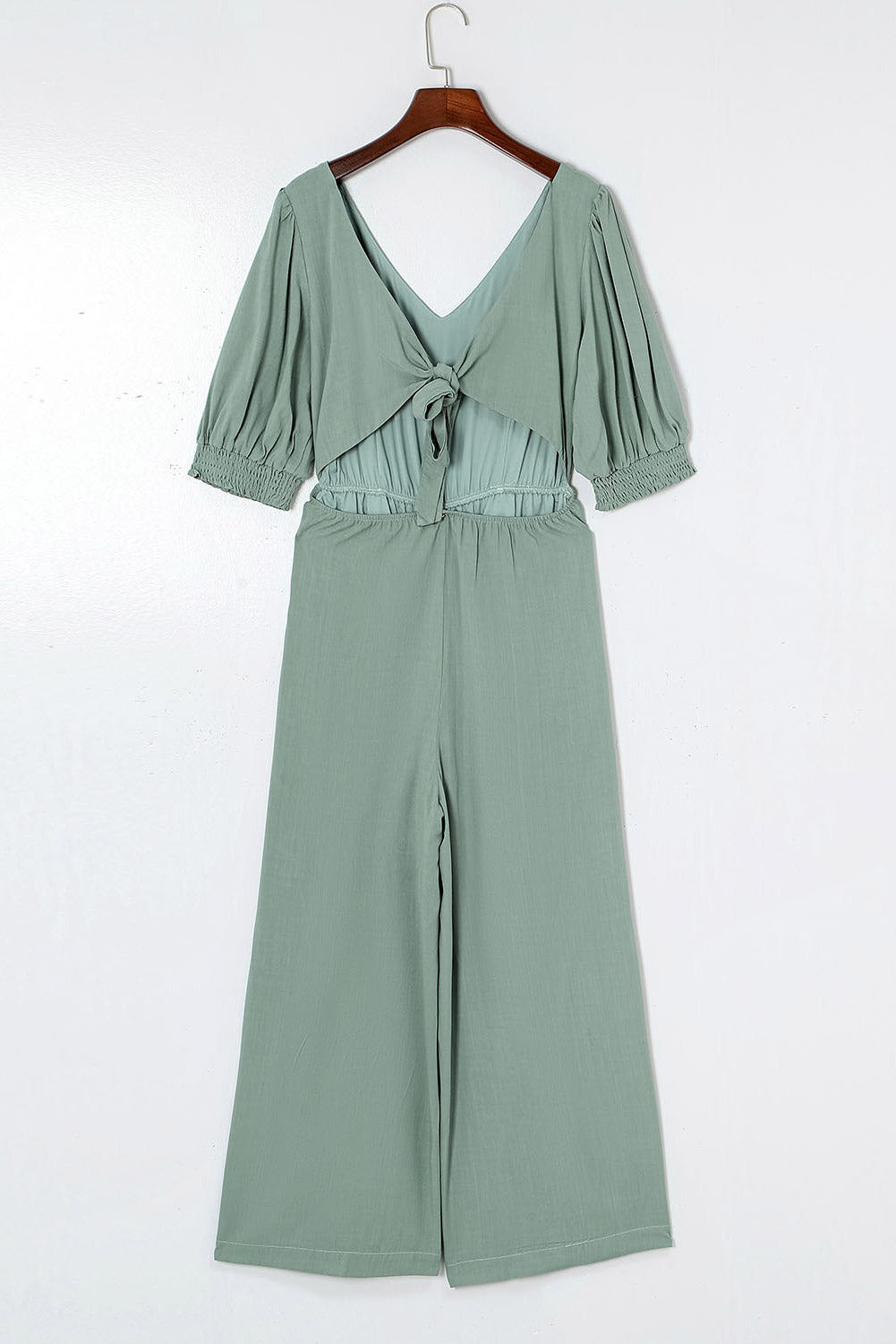 Green V Neck Puff Sleeve Hollow out Wide Leg Jumpsuit