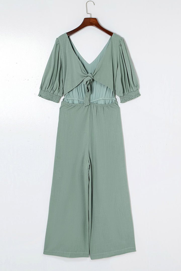 Green V Neck Puff Sleeve Hollow out Wide Leg Jumpsuit