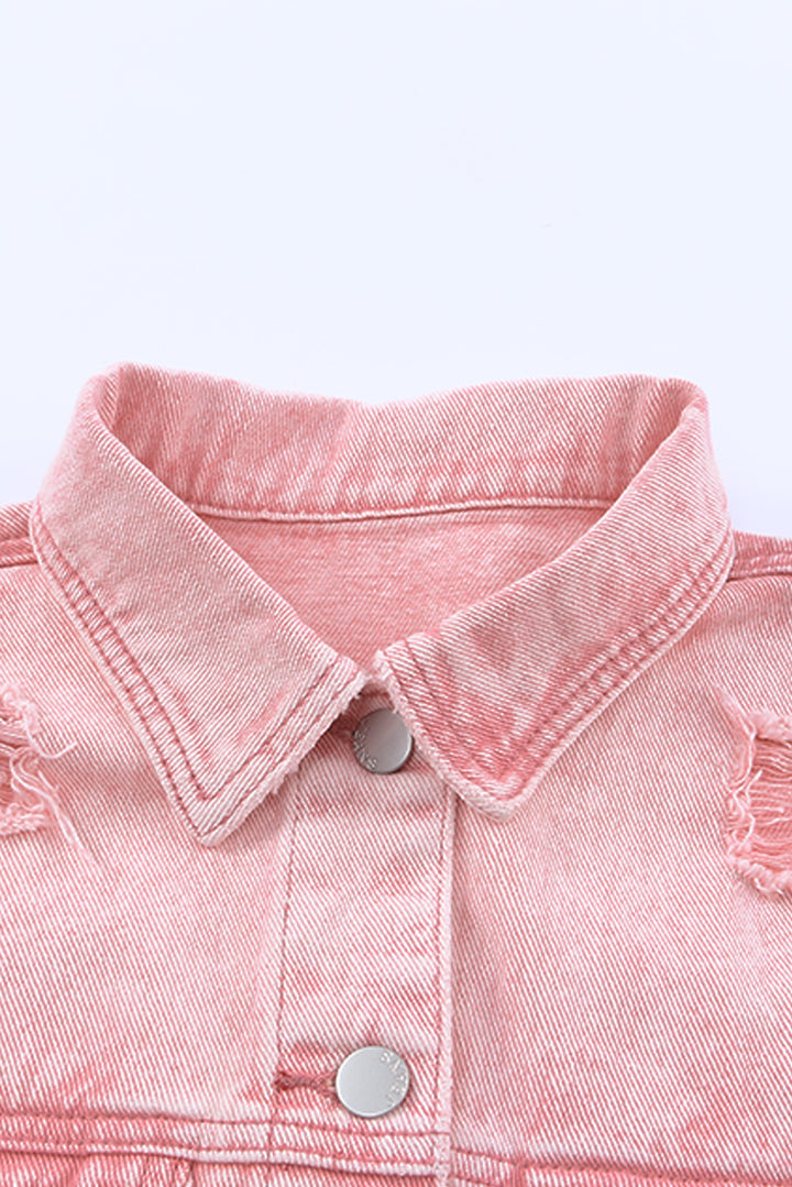 Pink Distressed Fringed Cropped Denim Jacket