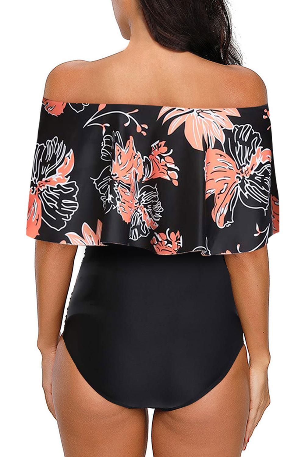 Black Floral Printed Off Shoulder Flounce Overlay One-piece Swimwear