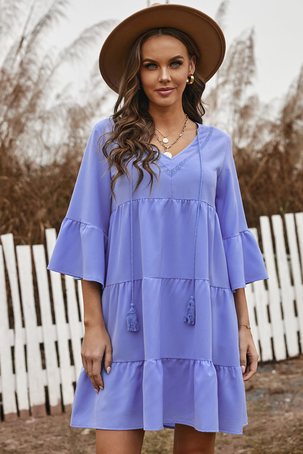 Cute Sky Blue Cotton Tiered Babydoll Tunic Dress