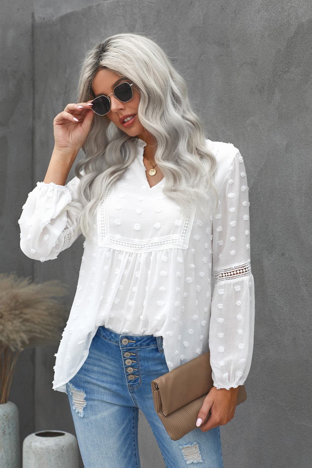 White Ruffled Split Neck Lace Hollow Out Puff Sleeve Polka Dot Blouse