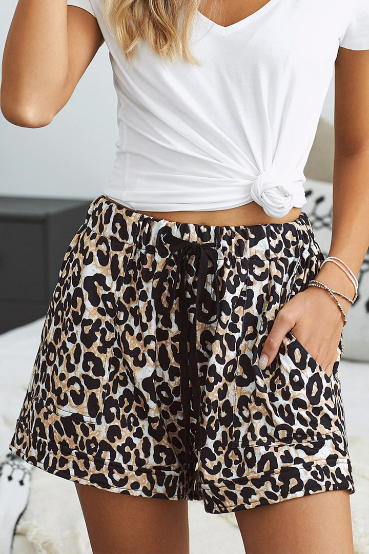 Leopard Print Drawstring Elastic Waist Pocketed Casual Shorts