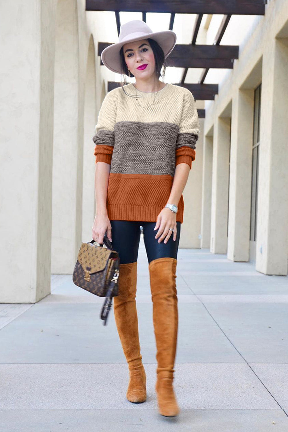 Winter Yellow Color Block Netted Texture Pullover Sweater
