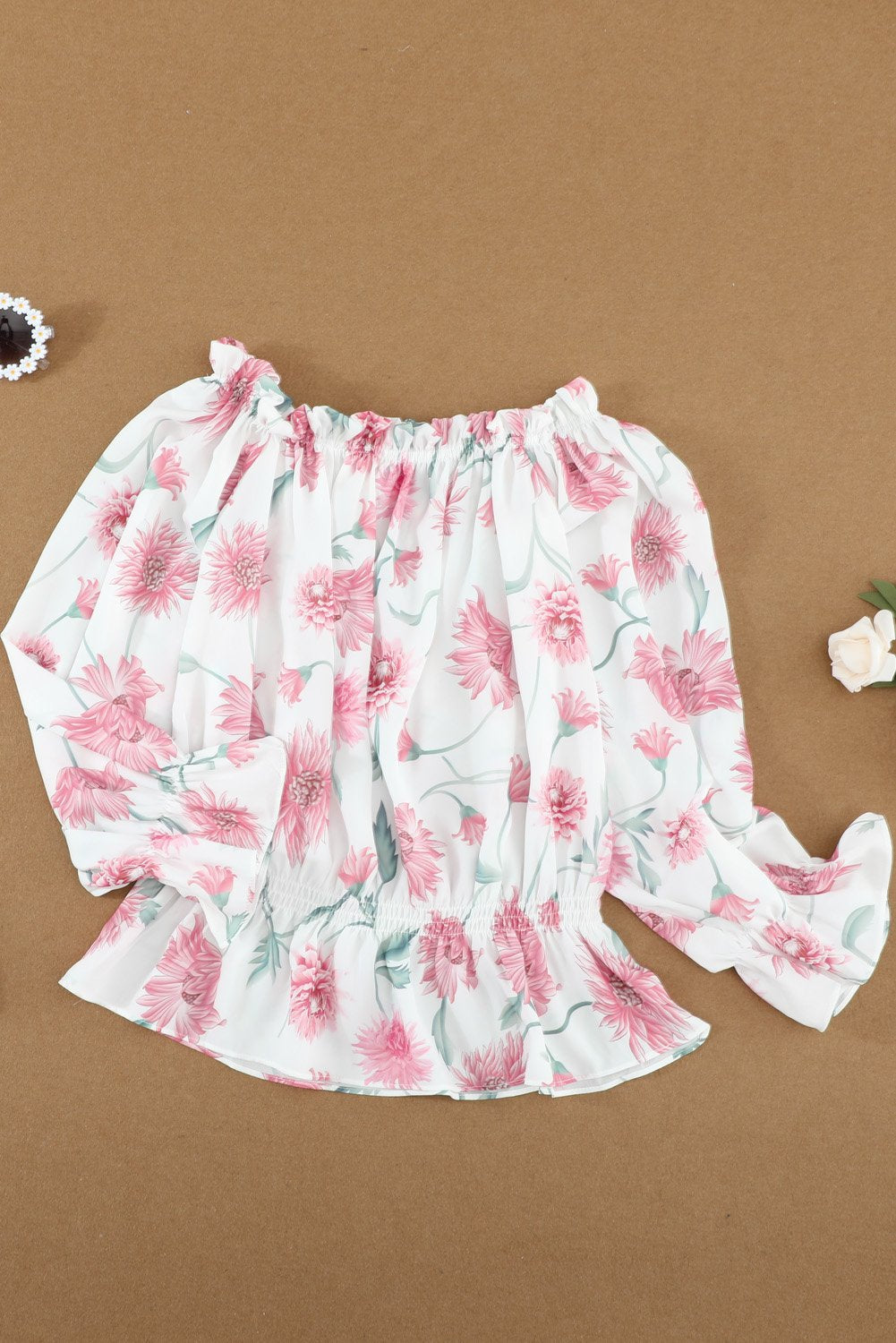 Chic White Pink Floral Print Off the Shoulder Blouse